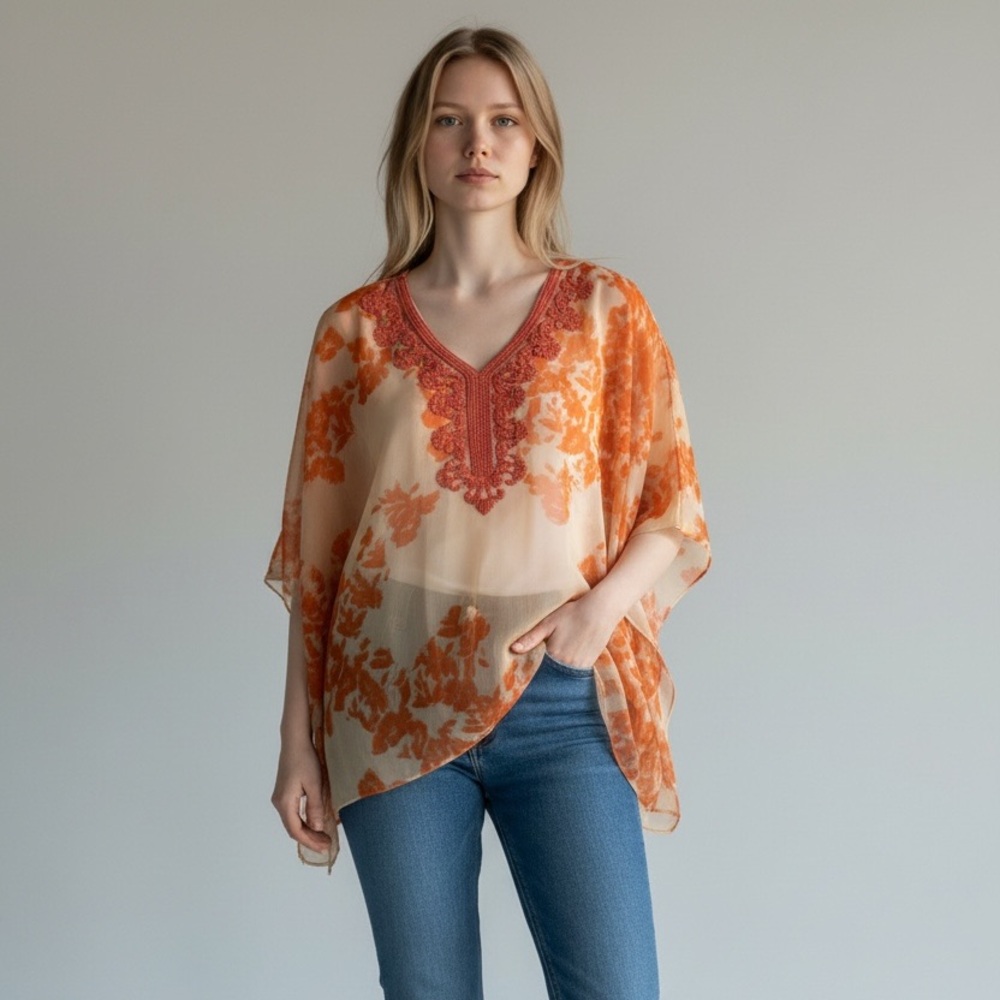 Resort Chico’s Flowy Boho Embroidered Poncho Size L/XL Semi-Sheer Pullover